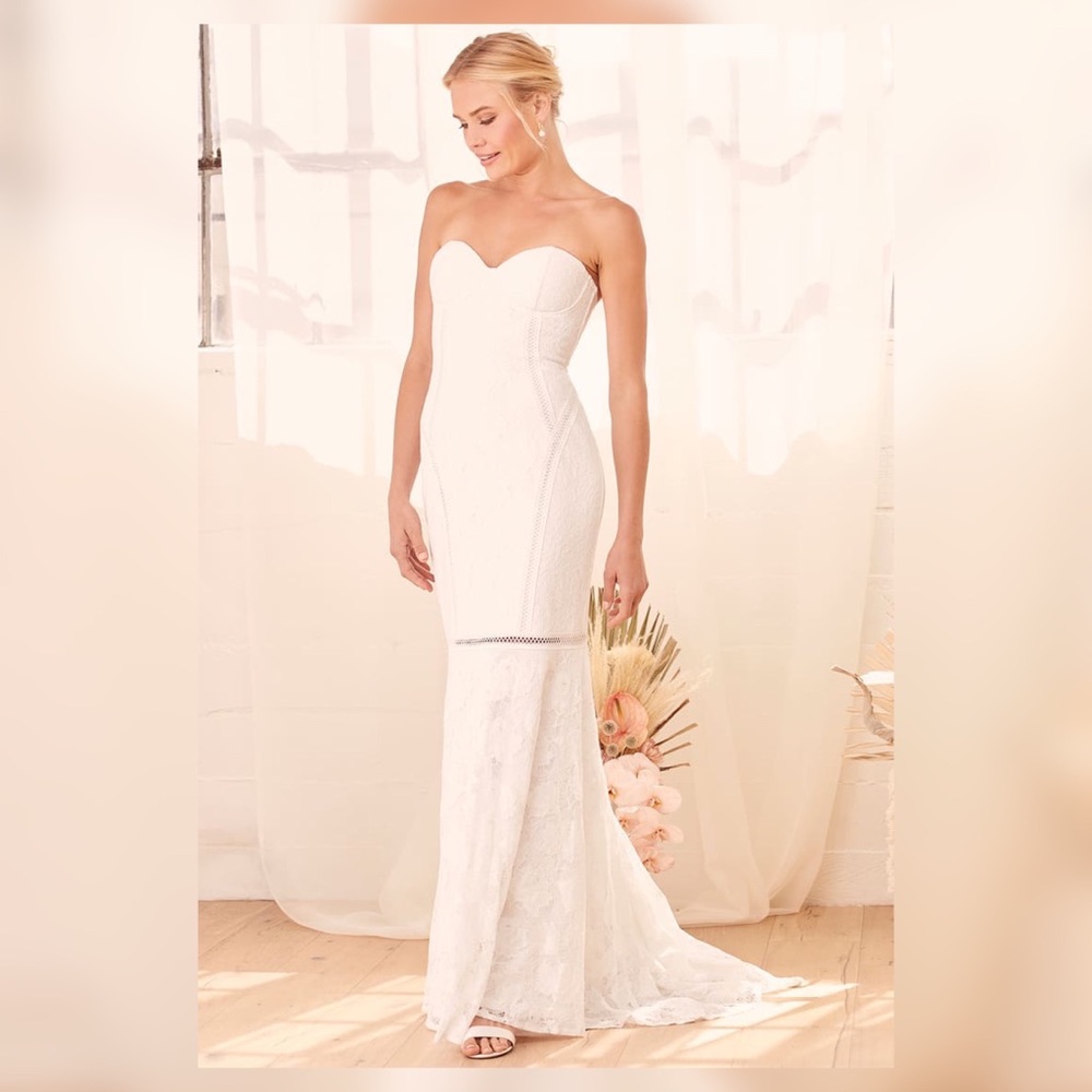 Lulus White Lace Strapless Bustier Wedding Dress